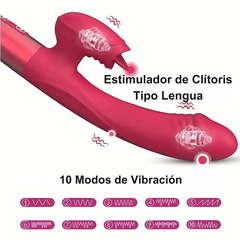 Dildo Vibrador con Estimulador de Clítoris Tipo Lengua con Doble Motor y Cabeza Flexible ZD058