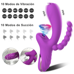 Consolador Triple con Succionador de Clítoris Masajeador Punto G Tipo Lenguja y Bolas Chinas Anales