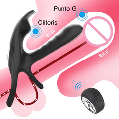 Vibrador Retardante de Eyaculación con Anillo Doble para Pene y Estimulador de Clítoris Tipo Orejitas de Conejo Con Control Remoto SJH14