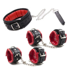 Kit de Esposas y Collar BDSM Bicolor Rojo y Negro de Cuero