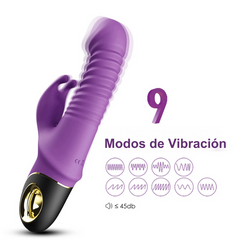 Dildo Vibrador con Estimulador de Clítoris Tipo Orejitas de Conejo con Crecimiento de Falo Tipo Acordeón y Movimiento Rotatorio de Cabeza