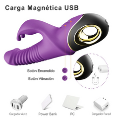 Dildo Vibrador con Estimulador de Clítoris Tipo Orejitas de Conejo con Crecimiento de Falo Tipo Acordeón y Movimiento Rotatorio de Cabeza